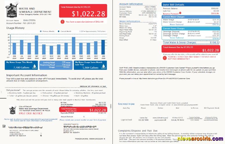 USA Detroit Water and Sewerage Department utility bill, 2 pages, version 4